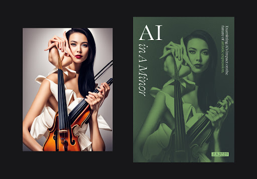 On the left, AI generated image of person with violin; on the right, the same image with campaign branding