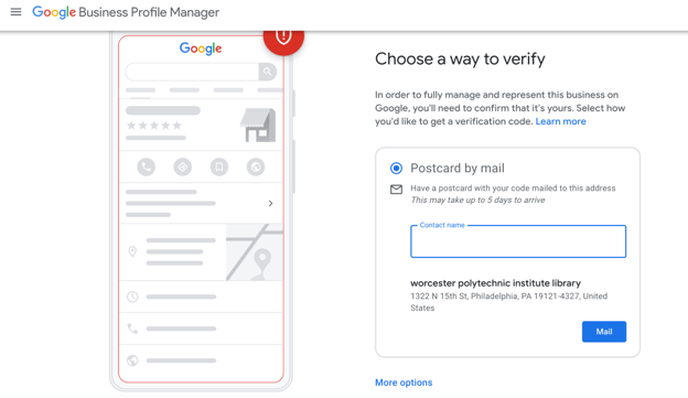screenshot of ways to verify your google business account