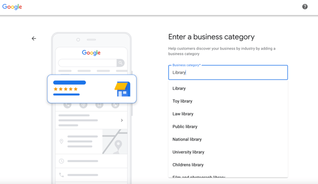 screenshot of business category options