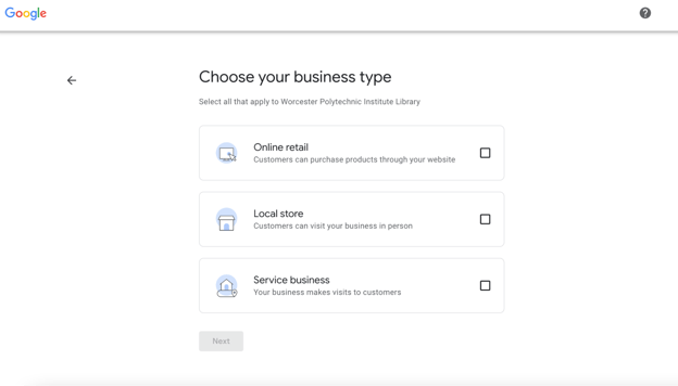 screenshot of choosing google business type