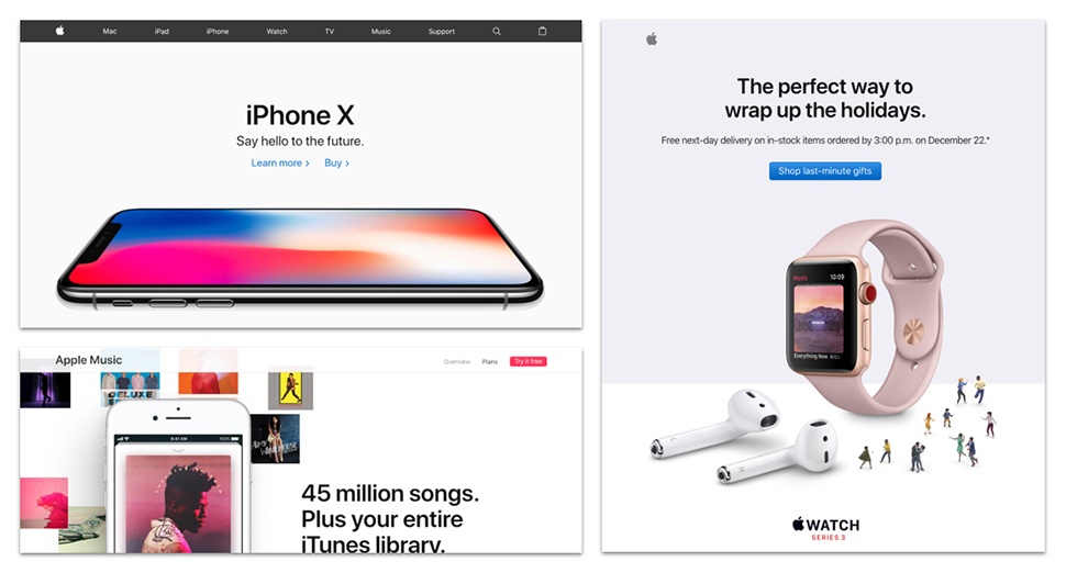 Apple Website, Apple Music, Apple Holiday Email images.