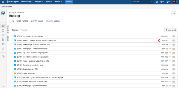 Jira computer software displaying a list of items in a backlog that need to be completed.