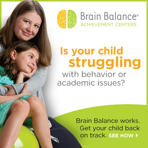 A parent and child smiling with text that reads "Is your child struggling with behavior or academic issues? Brain Balance works. Get your child back on track. See how."