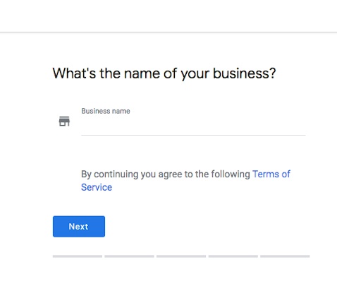 Webpage where the business name is entered for Google My Business.