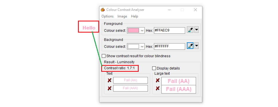 Computer window displaying information about color contrast.