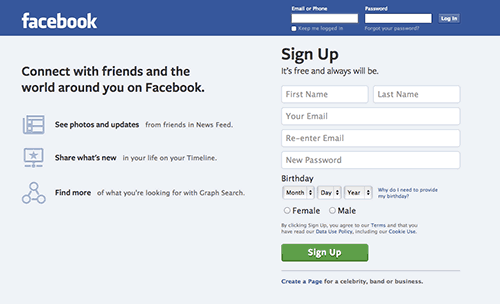 Facebook's sign up form with information on the left and required data fields on the right