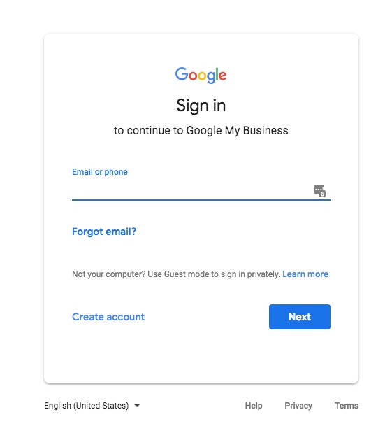 Sign In screen for Google My Business.