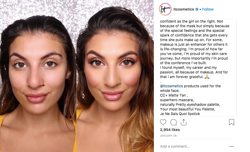 Two images of the same woman side by side: one with makeup and the other with makeup.