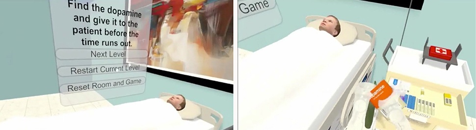 Two virtual reality images. The left shows a menu with instructions and a patient on a hospital bed. The right shows the patient on the hospital bed and a crash cart.