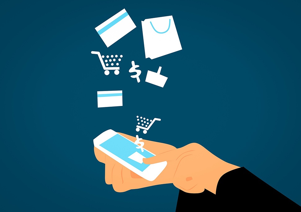 Illustration of someone holding a smartphone with dollar signs, shopping cart symbols, credit cards, and shopping bags coming out of it.