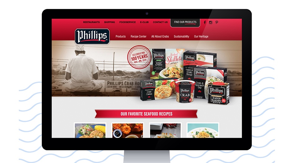 Phillips Seafood website on a desktop computer screen.