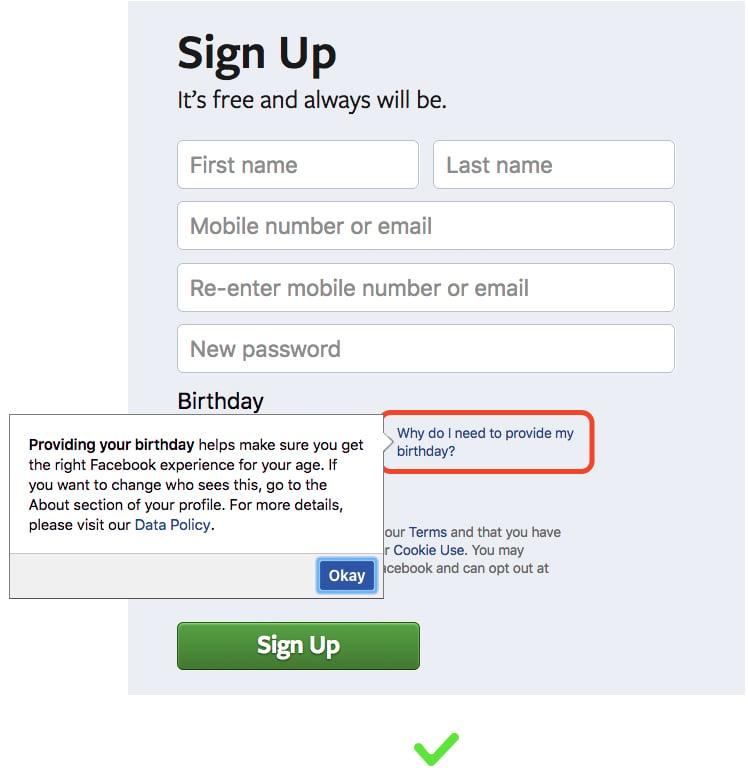 A sign up form with data fields and a summary box describing why the user must enter their date of birth
