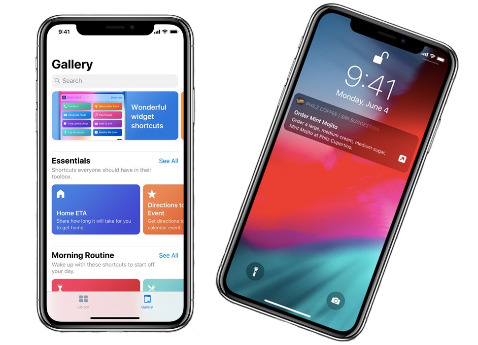 Two smartphones: left displays the Siri shortcuts feature, right displays a Shortcuts suggestion from the lock screen.