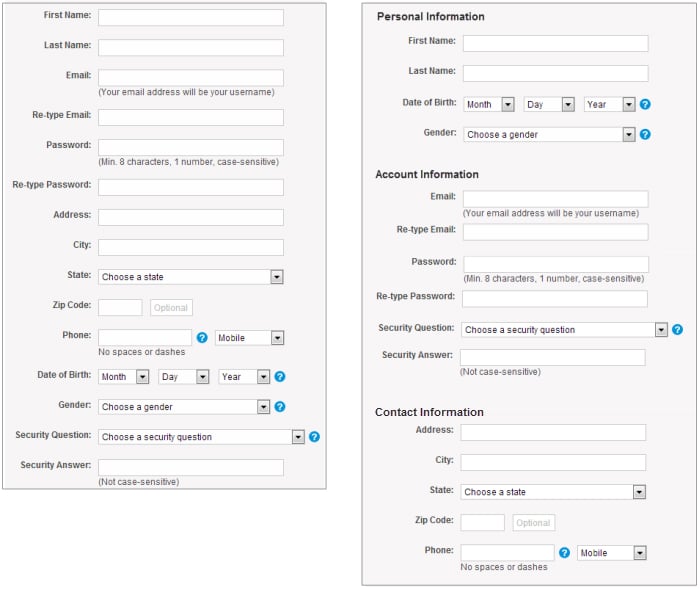 Two registration forms - the form on the left shows data fields without section organization and the form on the right shows data fields within sections