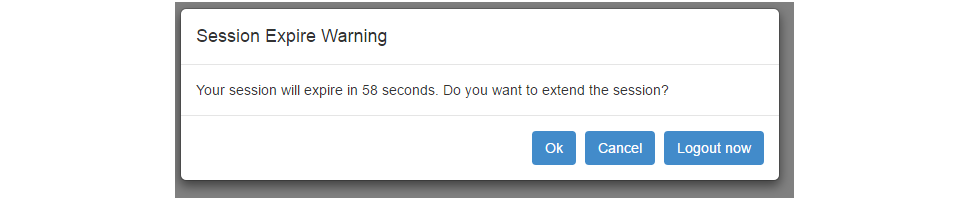 A computer window displaying a common Session Expire Warning. It reads: "Your session will expire in 58 seconds. Do you want to extend the session?"