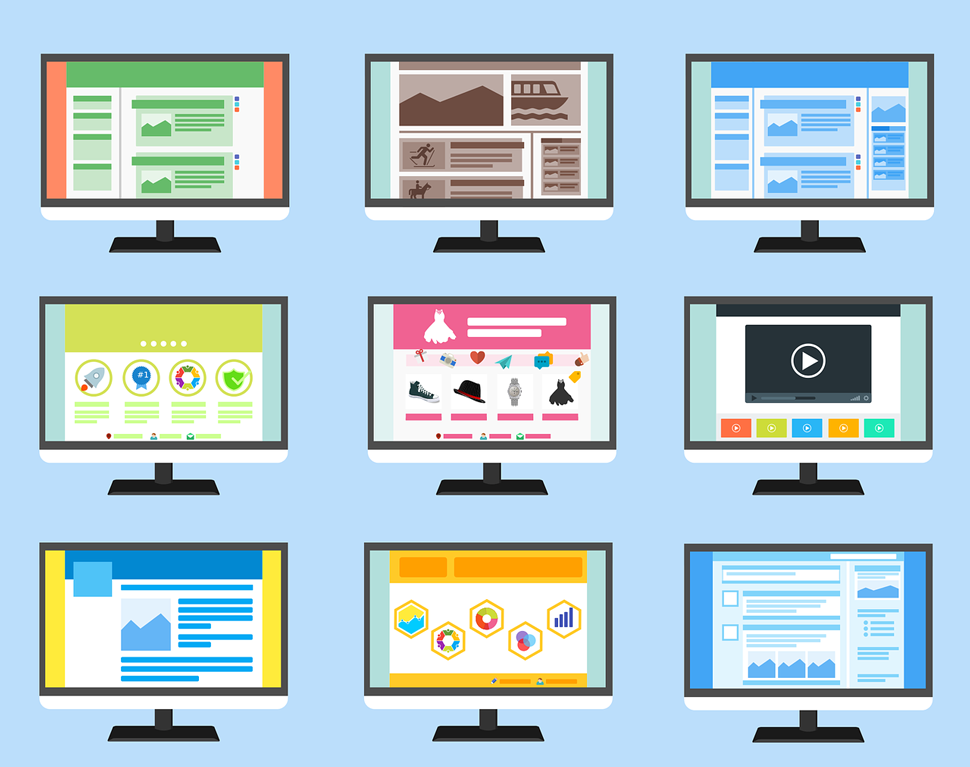 An illustration of nine computer monitors displaying different websites