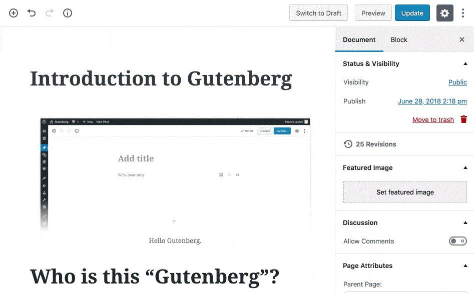 Short clip of how key features of Gutenberg work.
