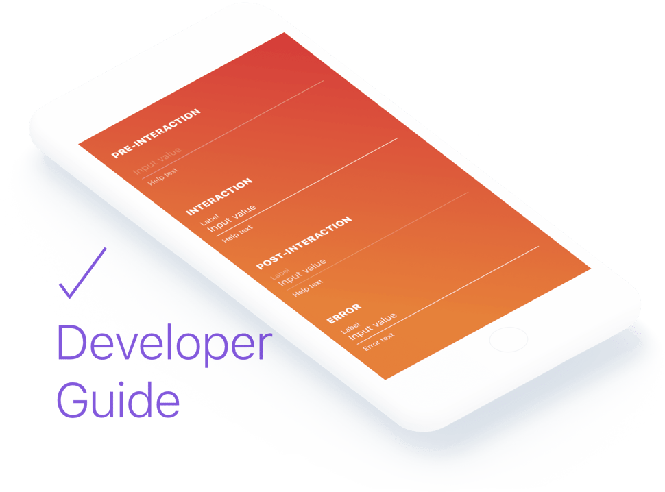 White phone screen with orange background and white text displays options for "Pre-interaction," "Interaction," "Post-interaction," and "Error." Next to the screen in purple reads "Developer Guide" with a purple check mark above it.