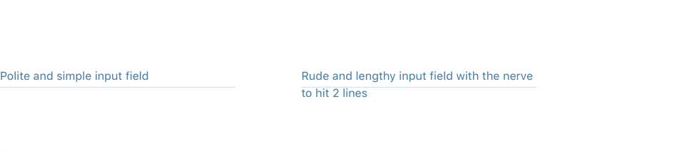 Two text areas side by side. One reads "Polite and simple input field" and the other reads "Rude and lengthy input field with the nerve to hit 2 lines."