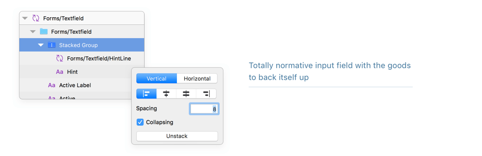 Three sections. The first displays options under "Forms/Textfield" shows "Stacked Group" options. Another section shows spacing options for the first. The third area reads "Totally normative input field with the goods to back itself up."