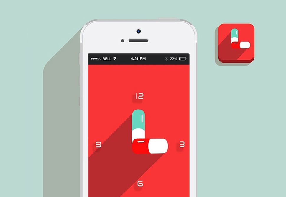 Smartphone display with red background and a clock with pills as hour and minute hands.