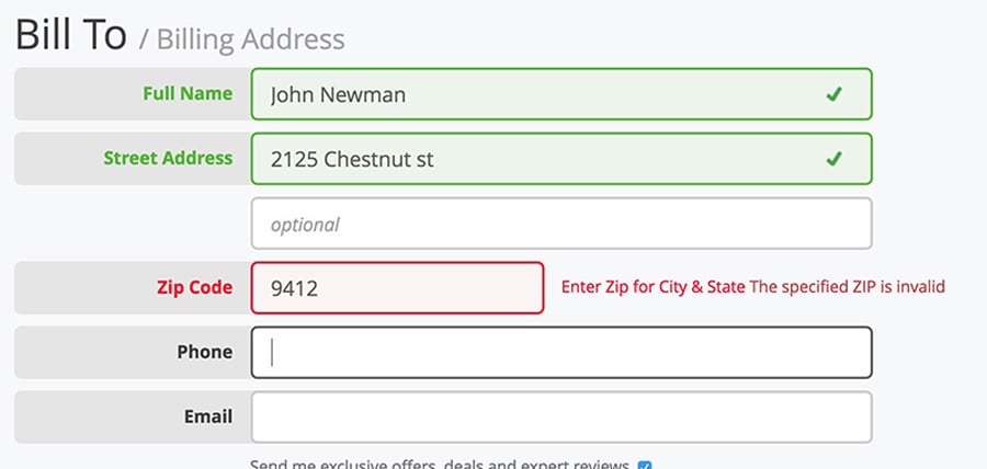 A billing form with data fields for billing information