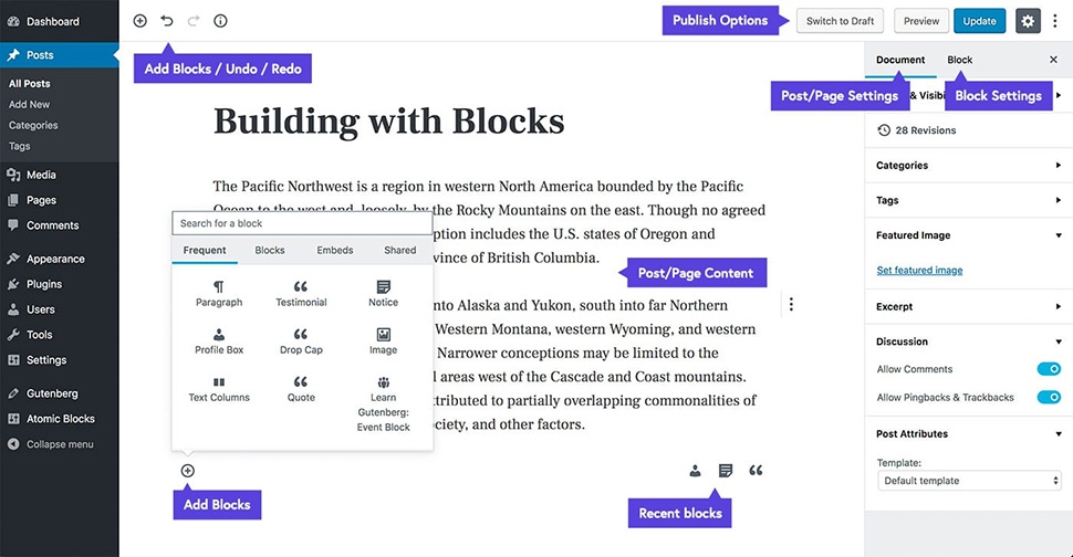 Display of features for the Gutenberg user interface.