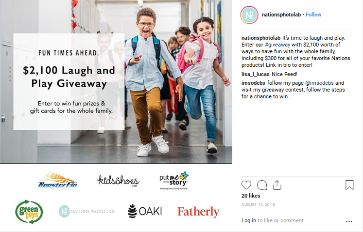 Promotion for giveaways with kids running down a school building hallway in the background.