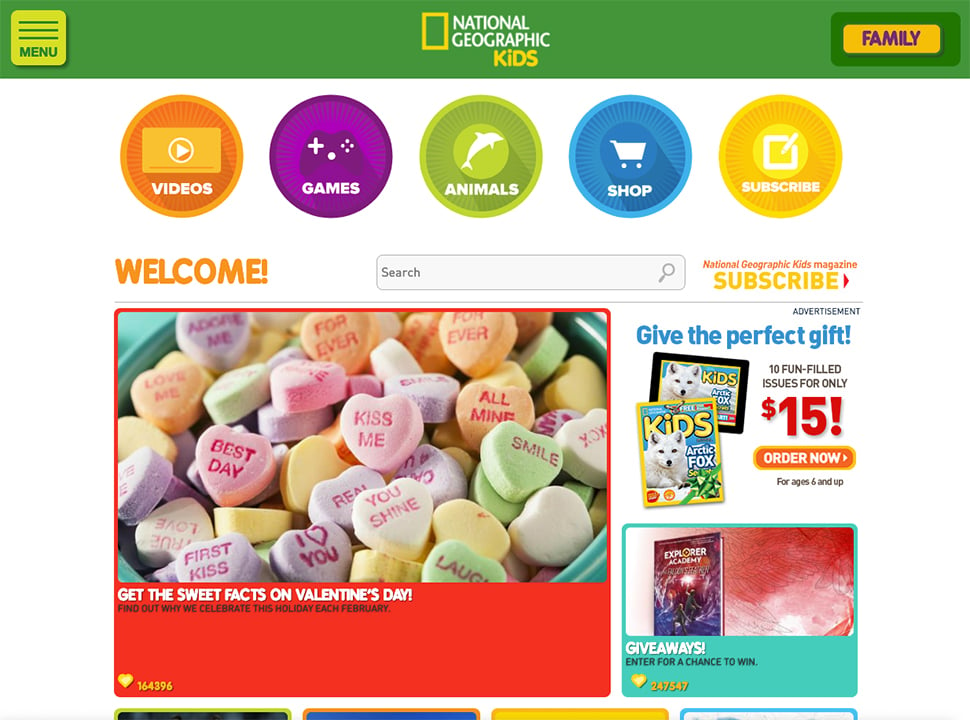 National Geographic Kids home page showing colorful icons and images.