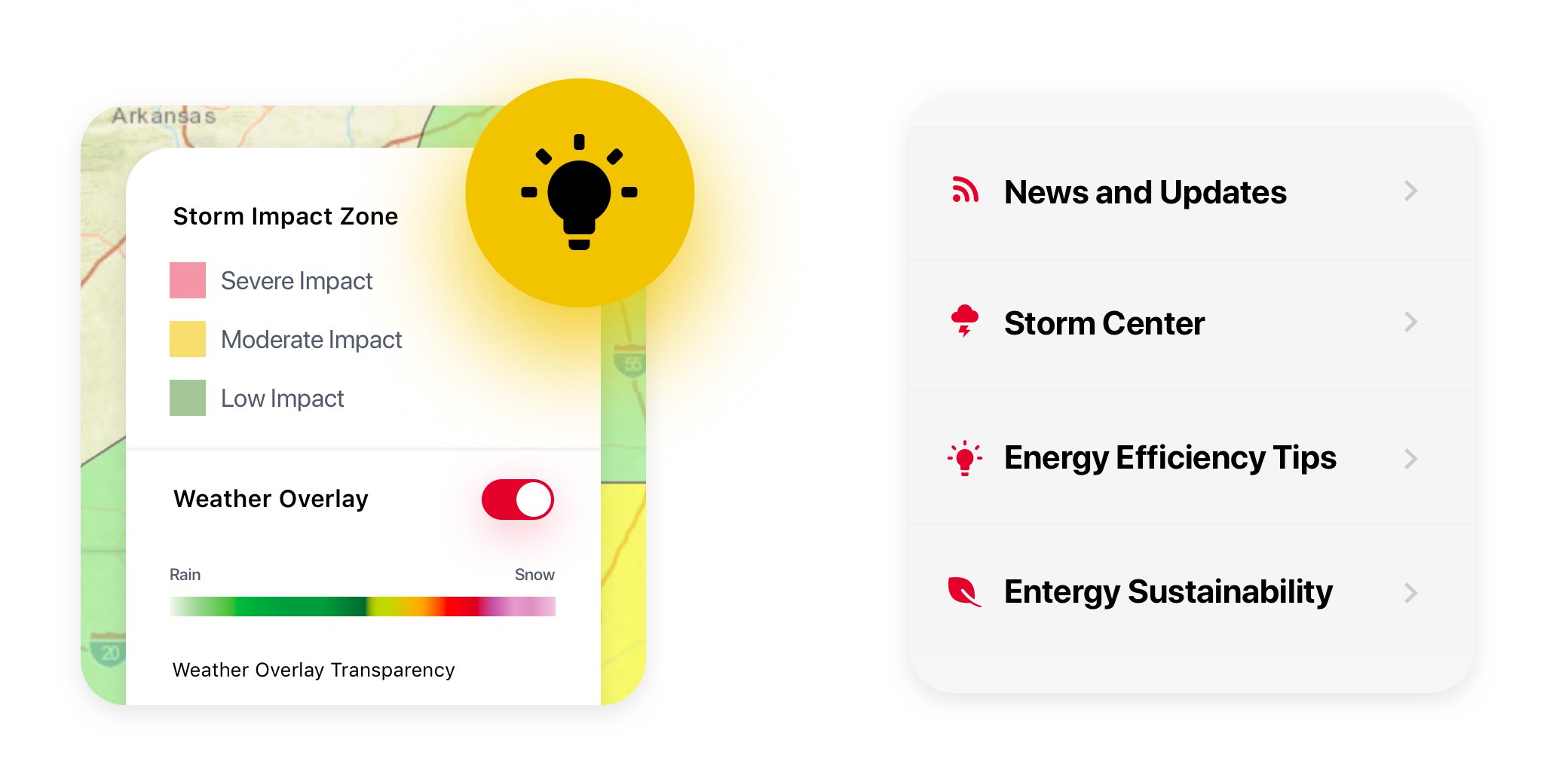 Screengrabs of the Entergy app's Outage Storm Center showing a weather overlay and an options menu