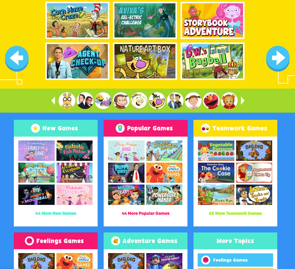 PBS Kids games page shows lots of options for games with bright colors and simple fonts.