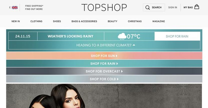 Topshop Website showing weather forecasts for London.