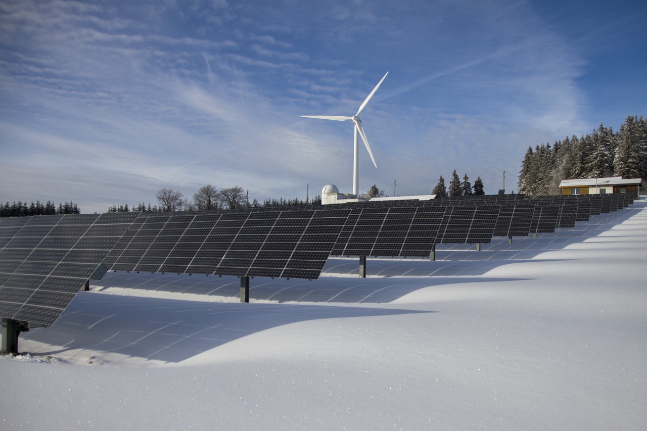 Solar panels and wind energy turbine