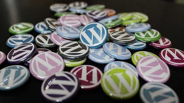 Metal buttons in various colors with the WordPress logo.