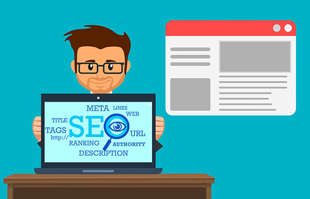 An illustration showing a man wearing glasses standing behind a desk with a laptop displaying SEO terms. There is also an enlarged webpage off to his left. 